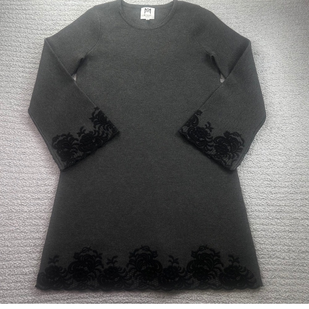 Milly Minis Knit Dress Embroidered Hem Gray Size 14 Dark Academia Preppy Chic